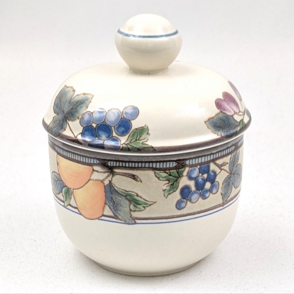 NWOT Mikasa Garden Harvest Covered Jam & Jelly Jar Sugar Bowl Honey Pot Cottage